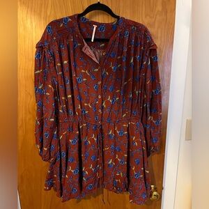 Free People Floral Boho Blouse in Rust and Blue